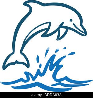 A playful dolphin leaping above blue water with splash lines. Stock Vector
