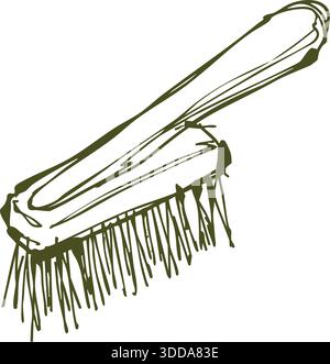 A stiff bristle cleaning brush with angled handle drawn in earthy green lines. Stock Vector