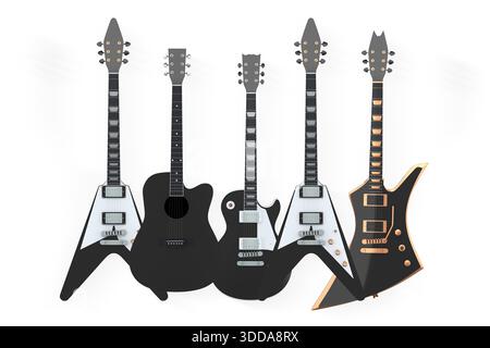 Set of electric and acoustic guitars with unique body shapes isolated on white background, concept of music variety Stock Photo