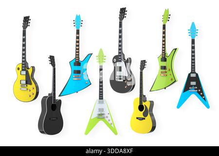 Set of electric and acoustic guitars with unique body shapes isolated on white background, concept of music variety. Stock Photo
