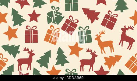 A charming, retro-style Christmas seamless pattern vector featuring holiday icons: reindeer, stylized Christmas trees, stars, and wrapped gifts. Stock Vector