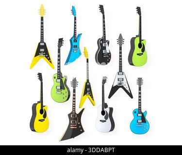 Set of electric and acoustic guitars with unique body shapes isolated on white background, concept of music variety Stock Photo