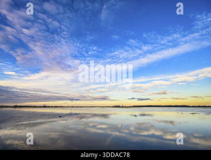 Extensive landscape with blue skies and clouds reflected in the water, soft yellow light on the horizon. Flooded meadows in Ochsenmoor, Duemmer nature Stock Photo