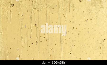 Yellow Painted Concrete Wall Texture with Weathered Surface Cracks Pits and Vertical Drip Marks for Industrial Background or Grunge Design Stock Photo