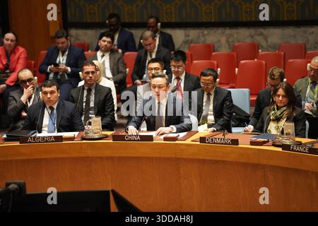 (251230) -- UNITED NATIONS, Dec. 30, 2025 (Xinhua) -- Sun Lei (C, front), China's deputy permanent representative to the United Nations, speaks at a UN Security Council meeting at the UN headquarters in New York, on Dec. 29, 2025. The Chinese envoy on Monday stressed that the Golan Heights are internationally recognized as occupied Syrian territory. The UN Security Council on Monday unanimously adopted a resolution to extend the mandate of the UN peacekeeping force in the Golan Heights for six months, until June 30, 2026. (Xinhua/Zhang Fengguo) Stock Photo