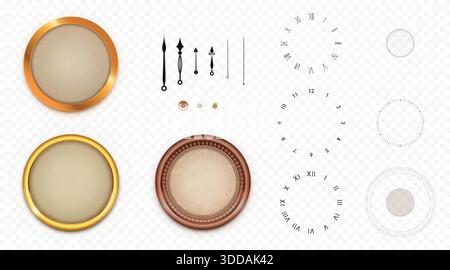 Clock construction kit with vintage elements and classic watch components. Elegant timepiece creation set with antique dial, Roman numerals and Victorian style arrows. DIY vintage clock assembly parts Stock Vector