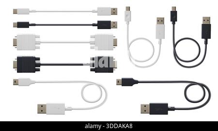 Set of usb and hdmi cables isolated on white background. Vector realistic illustration of mini, micro usb, type c, dvi connectors for charging and data transfer, input and output wire connectors Stock Vector