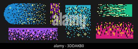 Retro color pixel patterns set isolated on black background. Vector illustration of colorful dot mosaic textures with glitch, fade effect, geometric 8-bit floral design, y2k halftone gradient elements Stock Vector