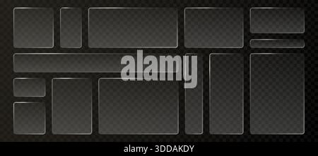Glass liquid ui button set with transparent 3d effect - rectangle frame box elements in various sizes and proportions, glossy morphism style borders for modern interface design on dark background. Stock Vector