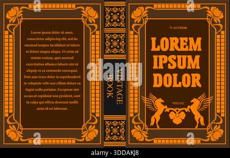 Vintage book cover design featuring floral ornaments and horses, evoking a sense of history and elegance Stock Vector