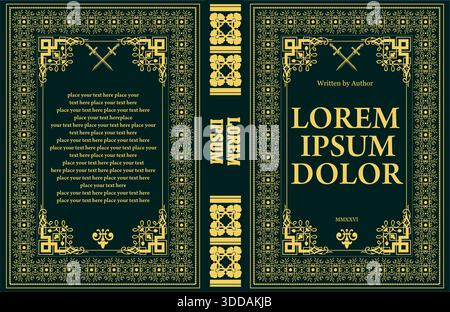 Elegant cover design featuring crossed swords and golden floral ornaments on a green background Stock Vector