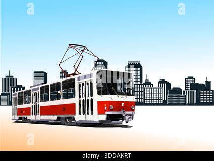 Illustration of a red and white tram arriving in the city center Stock Vector