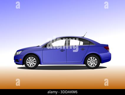 Blue modern sedan car parked on gradient background Stock Vector