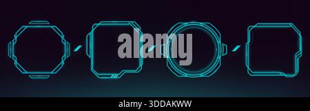 Futuristic HUD frame collection with glowing neon borders and digital interface elements. Tech game UI panels with cyberpunk screen bars, holographic boxes and sci fi frames on dark background. Stock Vector
