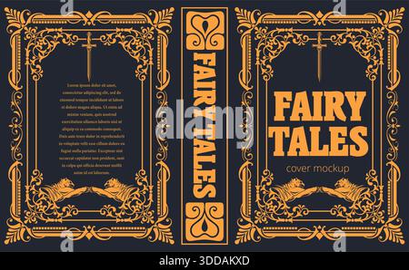 Fairy tales book cover design featuring two tigers holding a sword and a floral frame Stock Vector