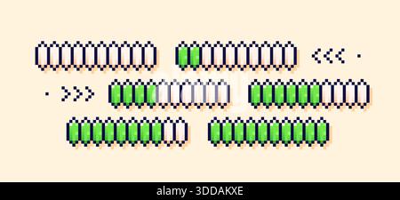 Pixel art loading game scale. Green life process bars. Stock Vector