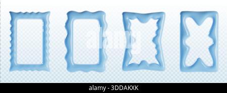 Blue Y2K wavy border frame with scallop edge and squiggly shape. 3D vector design with corrugated curves, zigzag patterns and organic wiggle elements for trendy graphic projects and retro collages. Stock Vector