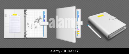 White ring binder mockup set with grid paper, colorful tabs, paperclips and sticky notes. Open and closed notebook folder with dividers, lined sheet and pen. Realistic 3D diary stationery collection. Stock Vector