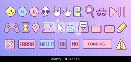 Y2k pixel icon set with retro game ui elements - vintage emoticons and cursor hands, floppy disk, hourglass and old web symbols. Nostalgic 2000s collection for digital interface or app design. Stock Vector