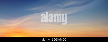 Beautiful sky gradient with soft clouds at sunset. Pastel blue and orange hues blend across horizon. dramatic Backdrop for nature scene landscape with golden sunlight and peaceful twilight colors. Stock Vector