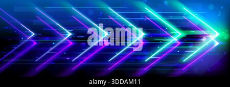 Neon arrow boost speed lines on digital abstract background with glowing tech light effects. Forward motion concept in vibrant blue, green and purple colors for futuristic technology design. Stock Vector