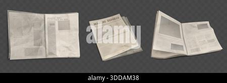 Dirty crumpled newspaper set isolated on transparent background. Vector realistic illustration of old yellow daily paper with breaking news headline, wrinkled retro tabloid, business newsletter pages Stock Vector