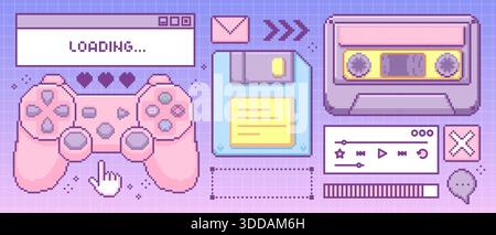 Y2k retro pixel game elements in cute pastel colors - pink gamepad controller with hearts, loading window interface, music player panel and progress bar. Vector sticker for 90s nostalgic gaming design Stock Vector