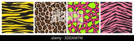 Animal skin patterns in y2k style. Yellow tiger stripes, brown leopard spots, neon pink with green cheetah print and pink zebra texture. Abstract vector background for fashion or trendy graphic design Stock Vector