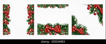 Christmas wreath frames set isolated on transparent background. Vector realistic illustration of xmas card borders and corners decorated with fir tree garland, red ribbon bow, holly berries, lights Stock Vector