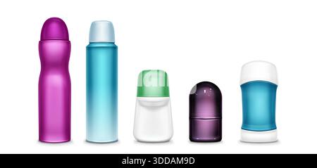 Deodorant bottle mockup collection with colorful roll-on, spray and stick containers. Cosmetic beauty product set with various cap designs for antiperspirant packaging branding vector illustration. Stock Vector