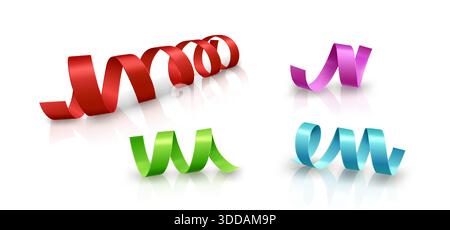 Colorful curly satin ribbons in red and green, pink and blue with reflection on white surface background. Realistic 3d gift tape strips for Christmas or birthday celebration decoration - vector set. Stock Vector