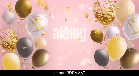 Birthday card with air balloons and golden confetti flying on pink background. Vector realistic illustration of yellow, silver, white helium balls, holiday party decoration, anniversary sale banner Stock Vector