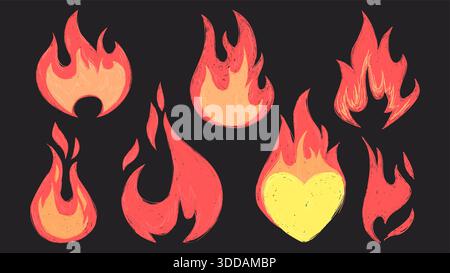 Grunge flame doodle icons with rough texture on dark backdrop - hand drawn fire shapes in red and yellow colors. Sketch crayon burning flames - retro graphic elements for trendy design projects. Stock Vector