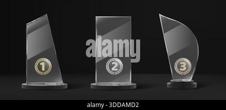Glass trophy set with golden, silver and bronze laurel wreaths on dark background. Elegant crystal award plates with 1, 2 and 3 place medals with decorative wreath designs for champion recognition. Stock Vector