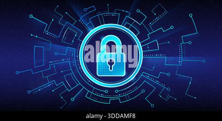 Cyber security concept with glowing padlock icon surrounded by futuristic circuit board elements on dark blue backdrop. Digital lock symbol with neon rings and tech patterns for data protection. Stock Vector