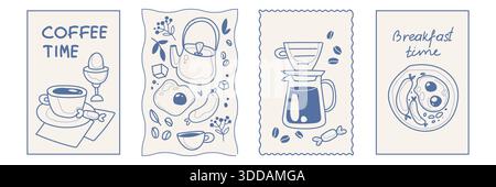 Breakfast poster set with vintage chalk style illustrations. Coffee time cards with cups and eggs, teapot and brunch items with borders drawn in blue line art for cafe menu design on beige background. Stock Vector