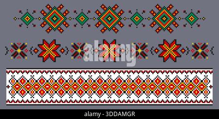 Ukrainian embroidery ornament set with traditional pattern designs in geometric stitch style. Folk vyshyvanka motifs - ethnic cross stitch elements, floral symbols and border decorations for textile Stock Vector