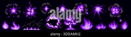 Pixel art explosion in glowing purple toxic flames and bright energy bursts on black. Retro 8 bit game elements with pixelated blasts, vintage arcade attack animations, dramatic boom effects on dark Stock Vector