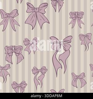 Monochrome bow silhouettes tied from wide silk ribbon on striped background repeated in rhythm. Seamless pattern isolated illustration hand drawn in Stock Vector