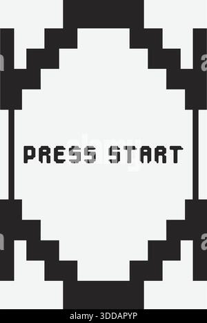 Vertical card with stepped pixel blocks and bold caption Press Start inspired by retro games. Stock Vector