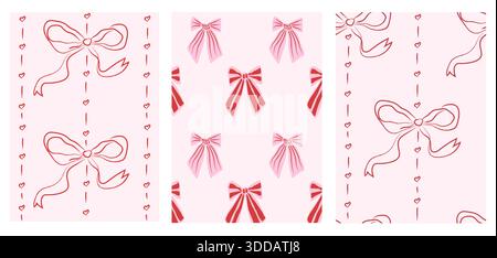 Set of retro whimsical seamless pattern backgrounds with bows and hearts. Coquette ribbon textures for Valentine, weddings, gift wrap, stationery Stock Vector