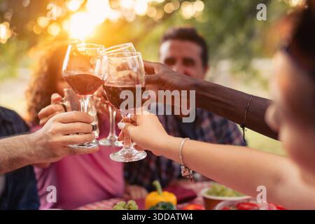Close-up view of hands clinking red wine glasses during an outdoor toast at sunset. Warm backlight, shallow depth of field, celebration, friendship an Stock Photo