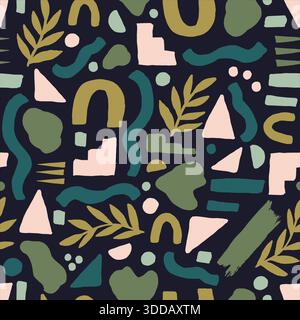 Motley vector seamless pattern with natural colorful shapes, leaves, blots on dark background. Stock Vector