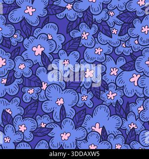 Night flowers drawn with a line in a seamless vector pattern. Design for decoration, wall decor, wallpaper, cover, banner, poster, card. Stock Vector
