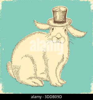 Rabbit gentleman in vintage cylinder hat. Vector vintage hand drawn illustration of cute rabbit on old paper texture background. Stock Vector