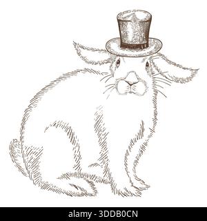 Rabbit gentleman in cylinder hat. Vector vintage hand drawn illustration of cute rabbit. Stock Vector