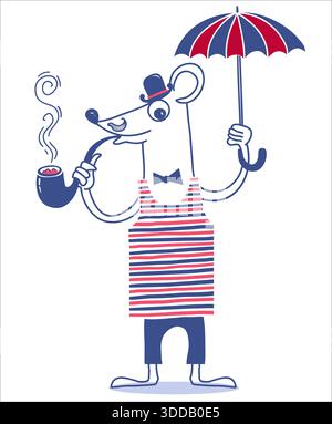 Rat Gentleman wear Britain hat cylinder smoking a pipe. Vector hand drawn illustration mouse British style isolated on white for design Stock Vector