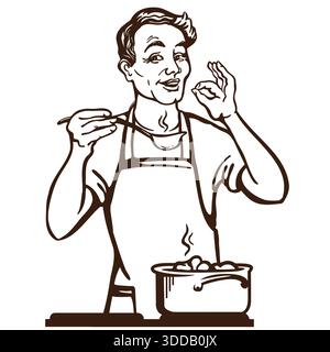 Man cooking soup in the kitchen. Smiling man cooks graphic hand drawn vector illustration isolated on white for printable Father's Day. Stock Vector