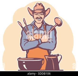 Cowboy Chef cooking traditional food. Smiling cowboy with western hat hold ladle colors vector illustration isolated on white background printable for Stock Vector