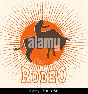 Rodeo bull symbol vector. Cowboy riding a wild bull in vintage style illustration and rodeo text Stock Vector